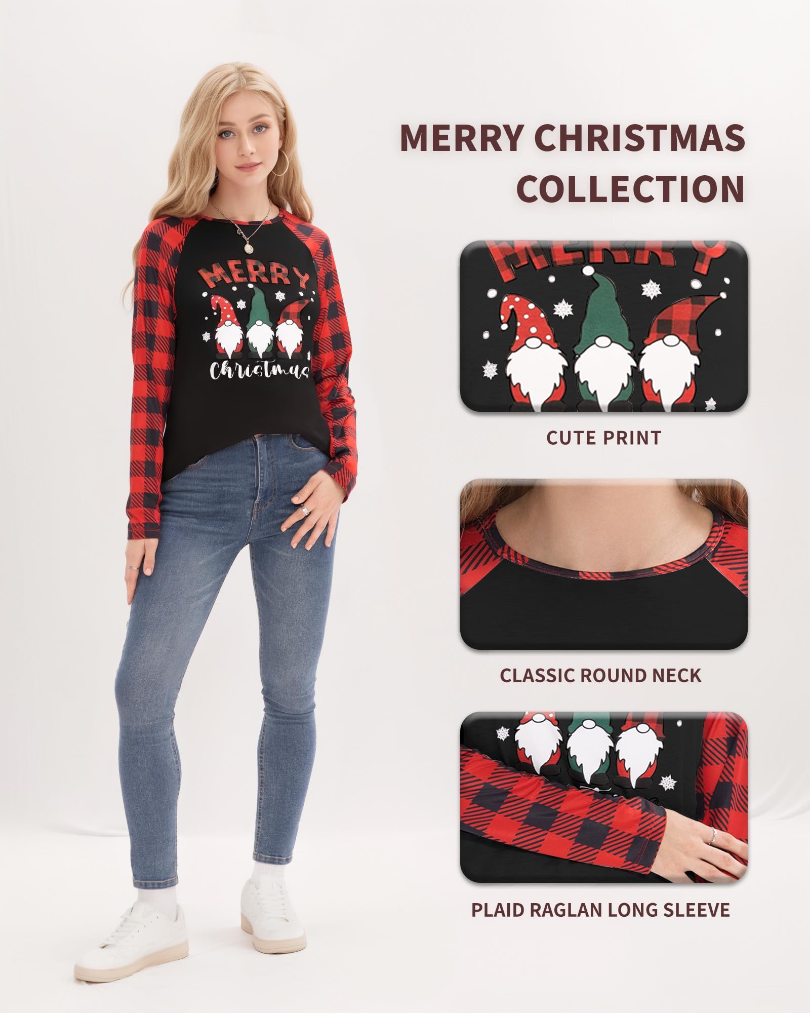 MANGOPOP Christmas Long Sleeve Shirts for Women Round Neck T Shirts Regular Fit Merry Xmas Tops Casual Basic Tee