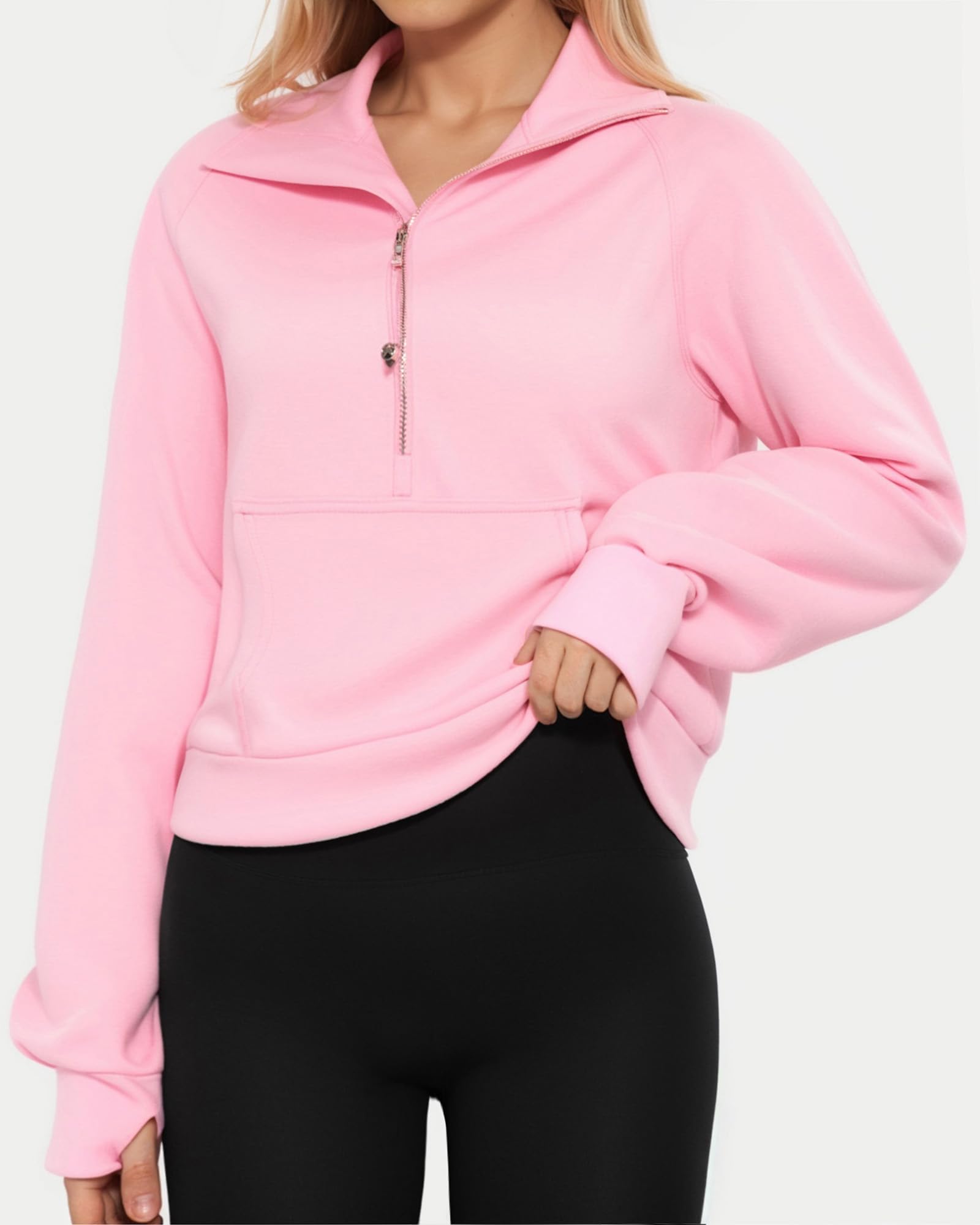 MANGOPOP Quarter Zip Pullover Women Sweatshirts Hoodies with Thumb Holes 2 Kangaroo Pockets Half Zip Cropped Clothes