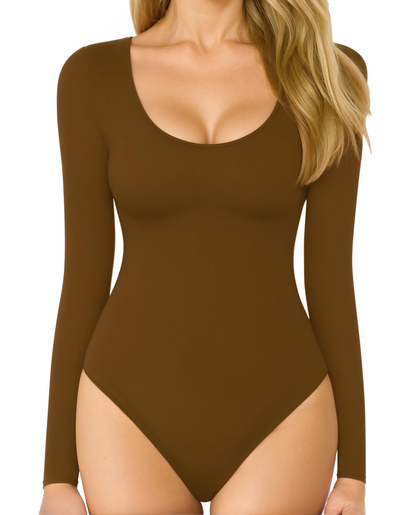 MANGOPOP Long Sleeve Bodysuits for Women Scoop Neck Ribbed Body Suit Stretchy Basic T Shirt Tops