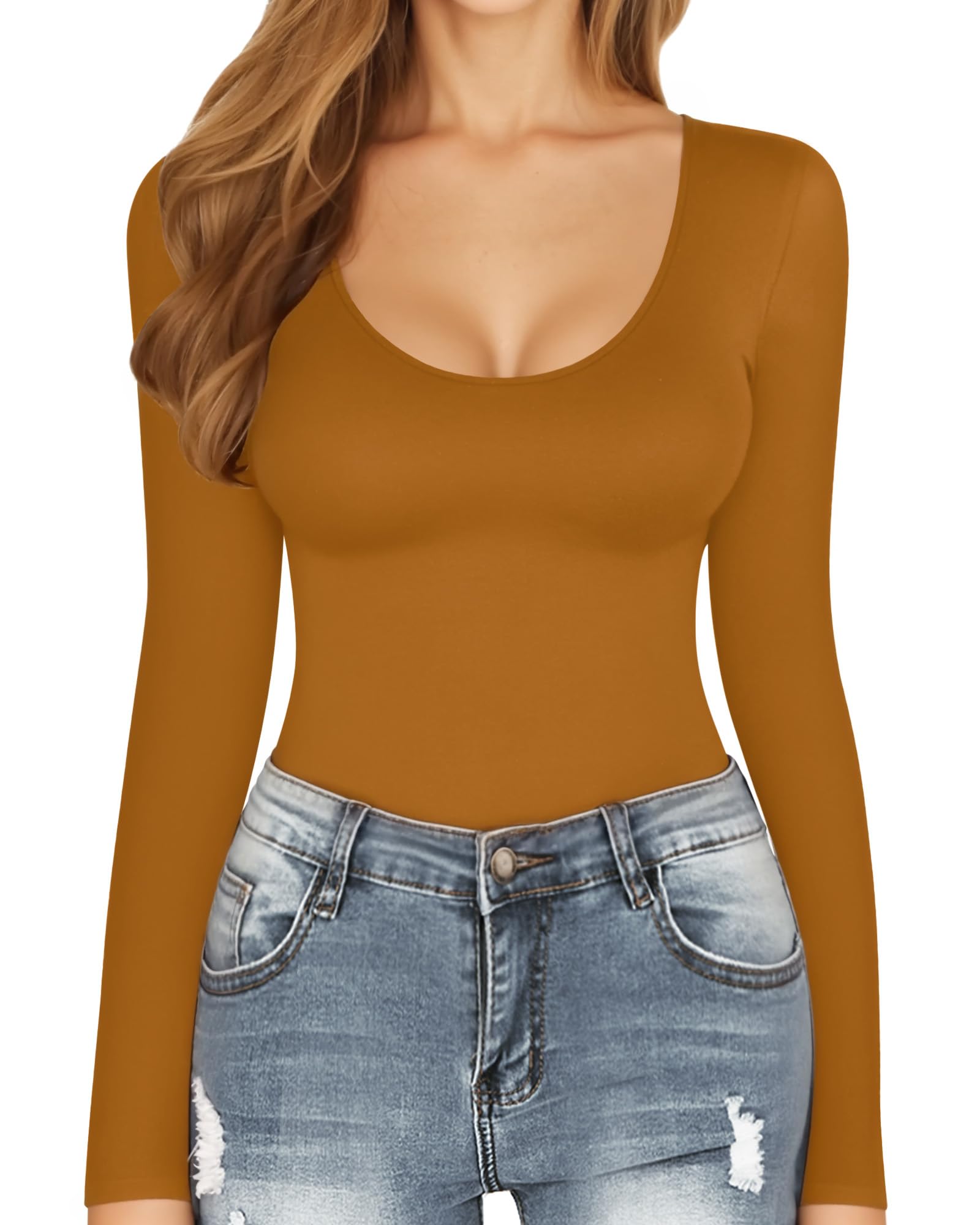 MANGOPOP Long Sleeve Bodysuits for Women Scoop Neck Ribbed Body Suit Stretchy Basic T Shirt Tops