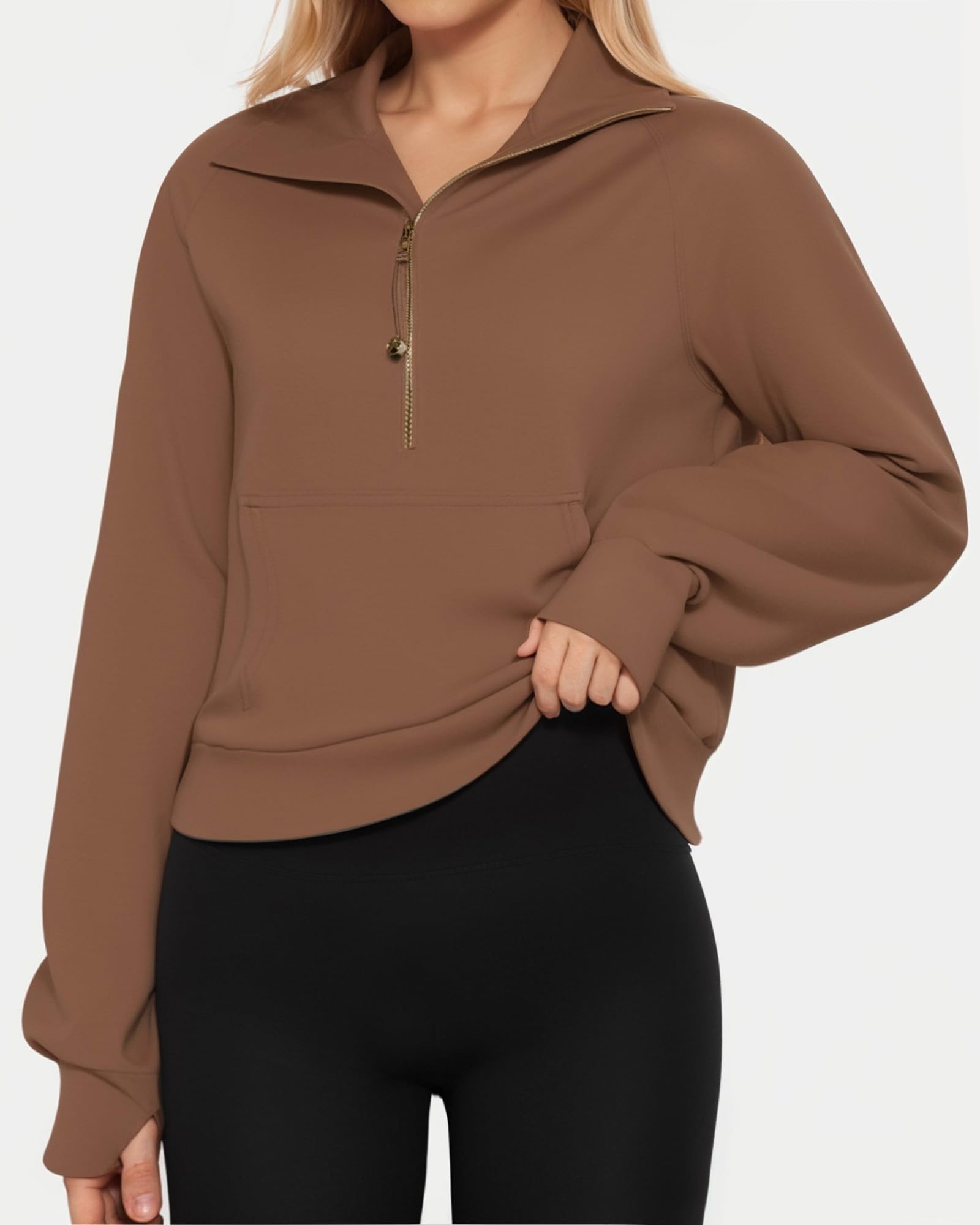 MANGOPOP Quarter Zip Pullover Women Sweatshirts Hoodies with Thumb Holes 2 Kangaroo Pockets Half Zip Cropped Clothes