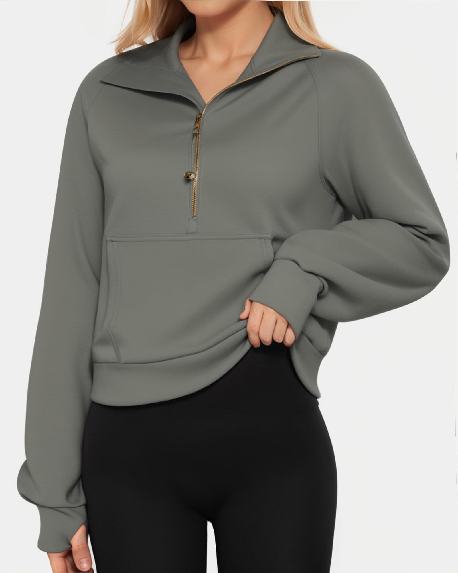 MANGOPOP Quarter Zip Pullover Women Sweatshirts Hoodies with Thumb Holes 2 Kangaroo Pockets Half Zip Cropped Clothes