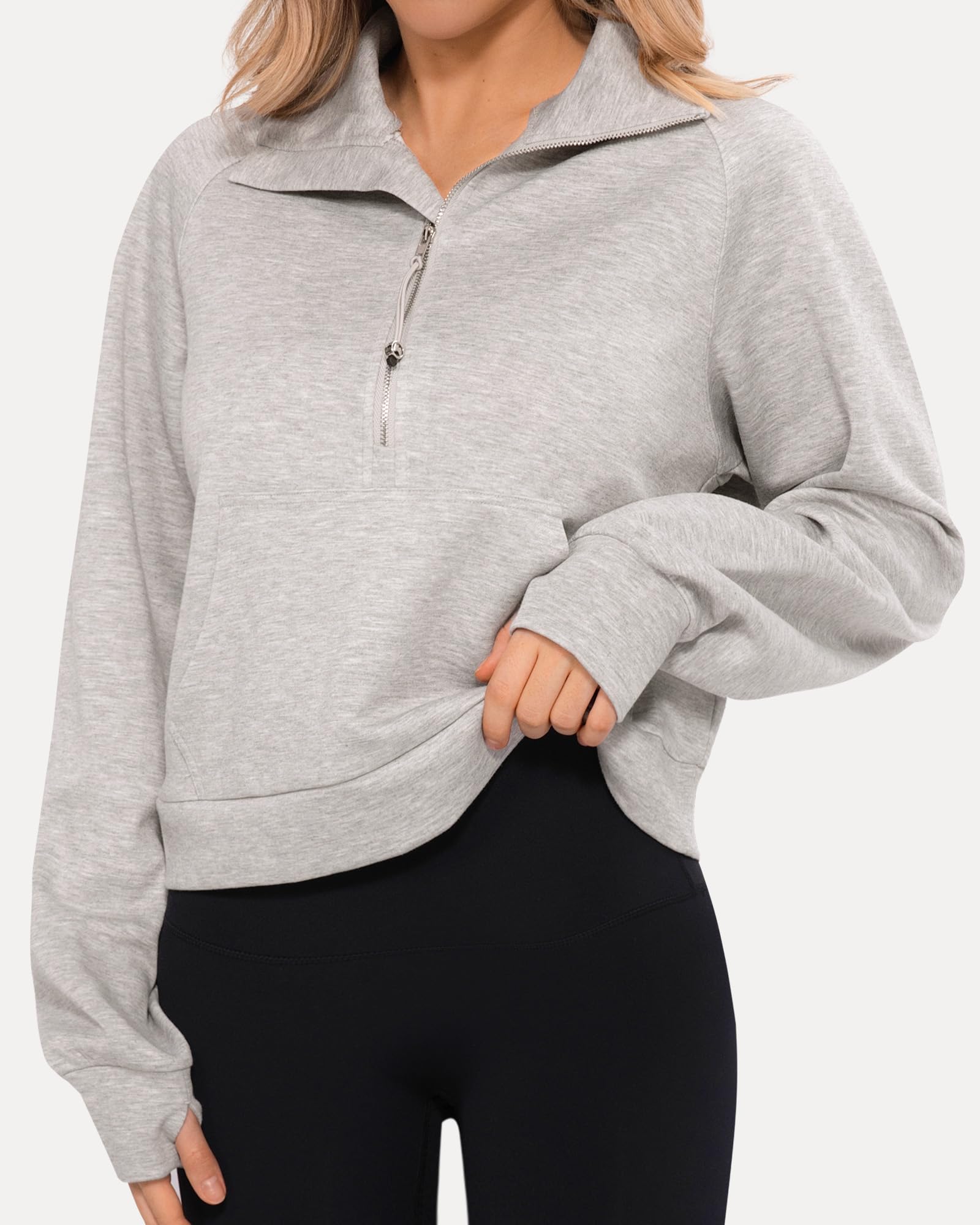 MANGOPOP Quarter Zip Pullover Women Sweatshirts Hoodies with Thumb Holes 2 Kangaroo Pockets Half Zip Cropped Clothes