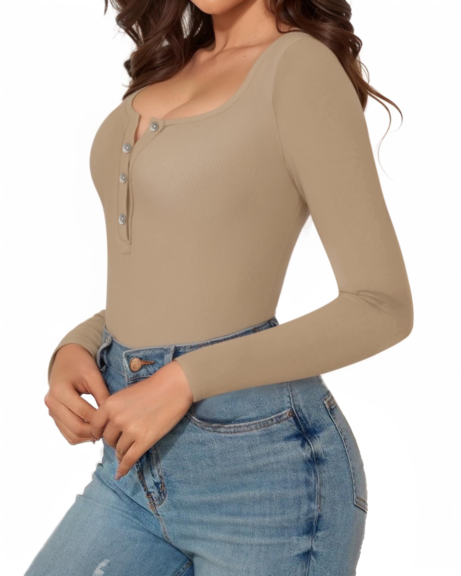 MANGOPOP Women's Henley Shirt Scoop Neck Button Down Ribbed Long Sleeve Bodysuits