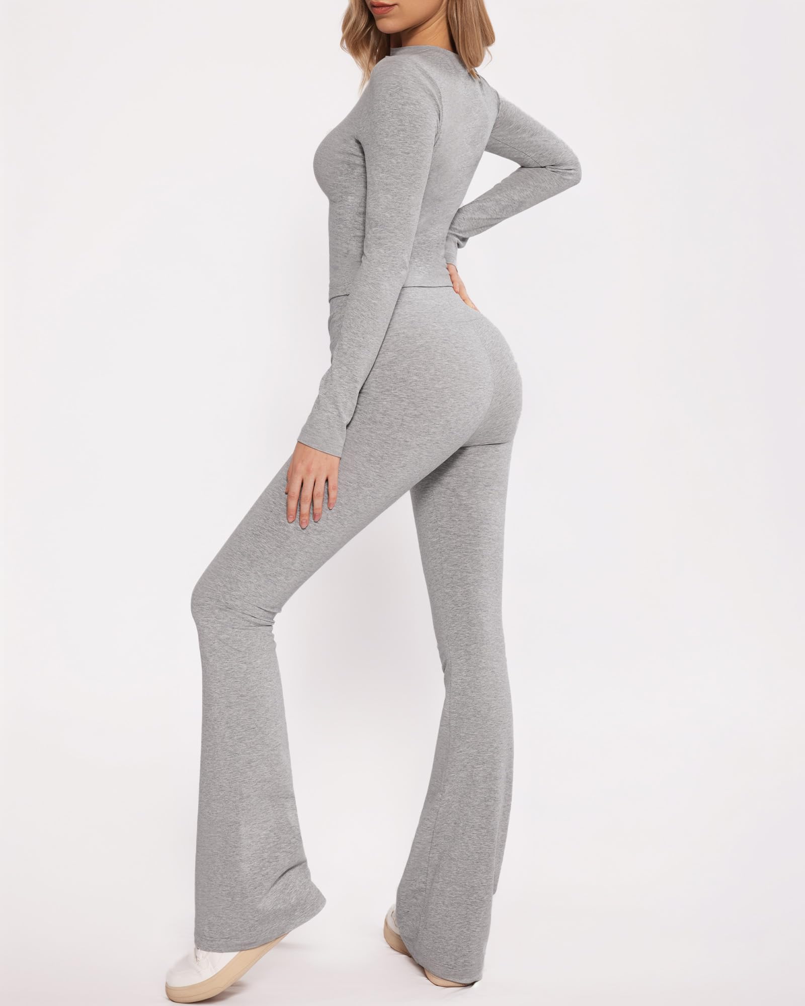 MANGOPOP 2 Piece Lounge Sets for Women Long Sleeve Crew Neck Loungewear Casual Outfits Flare Pants Crop Tops Tracksuit