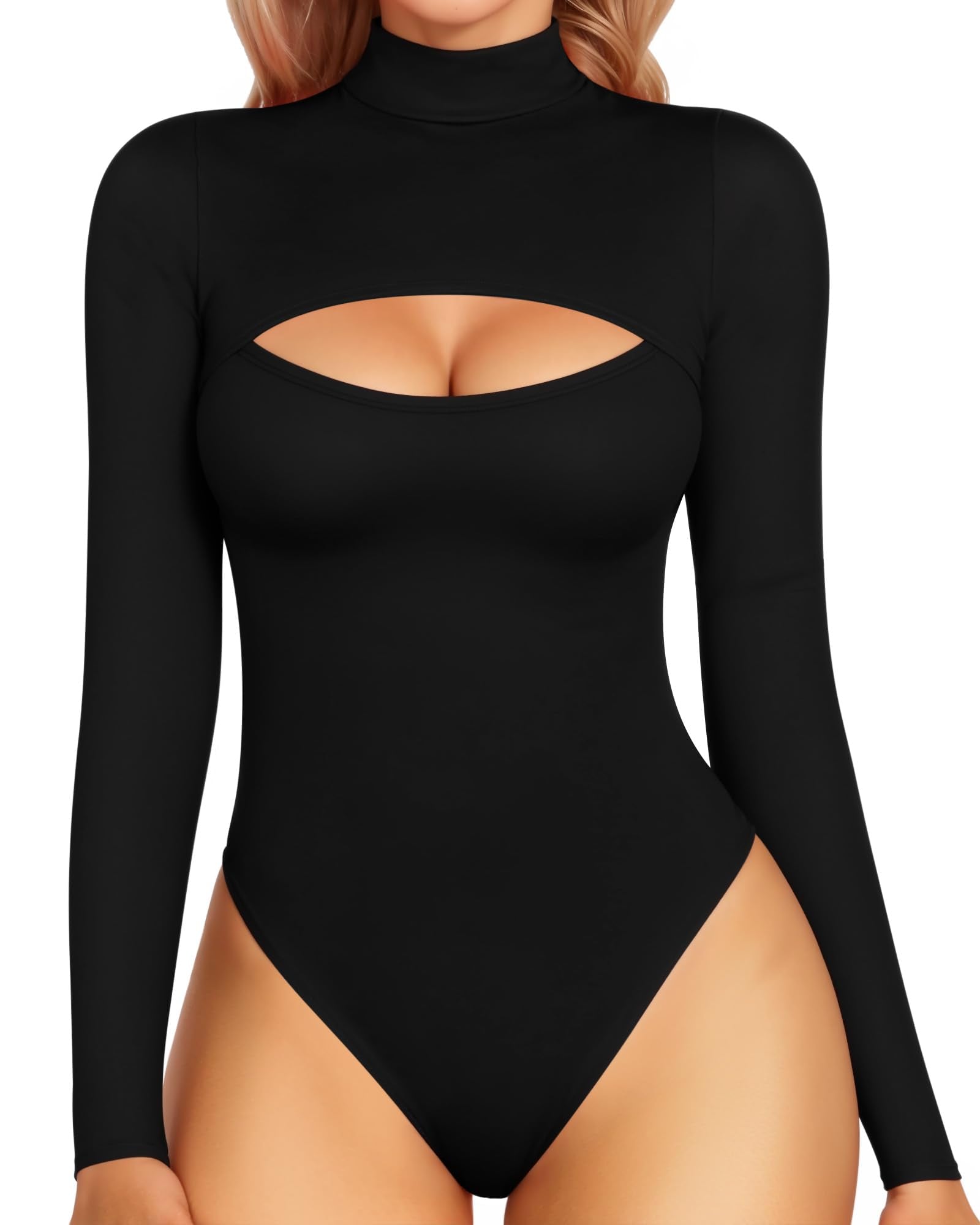 MANGOPOP Mock Neck Cutout Front Top Long Sleeve Bodysuits for Women