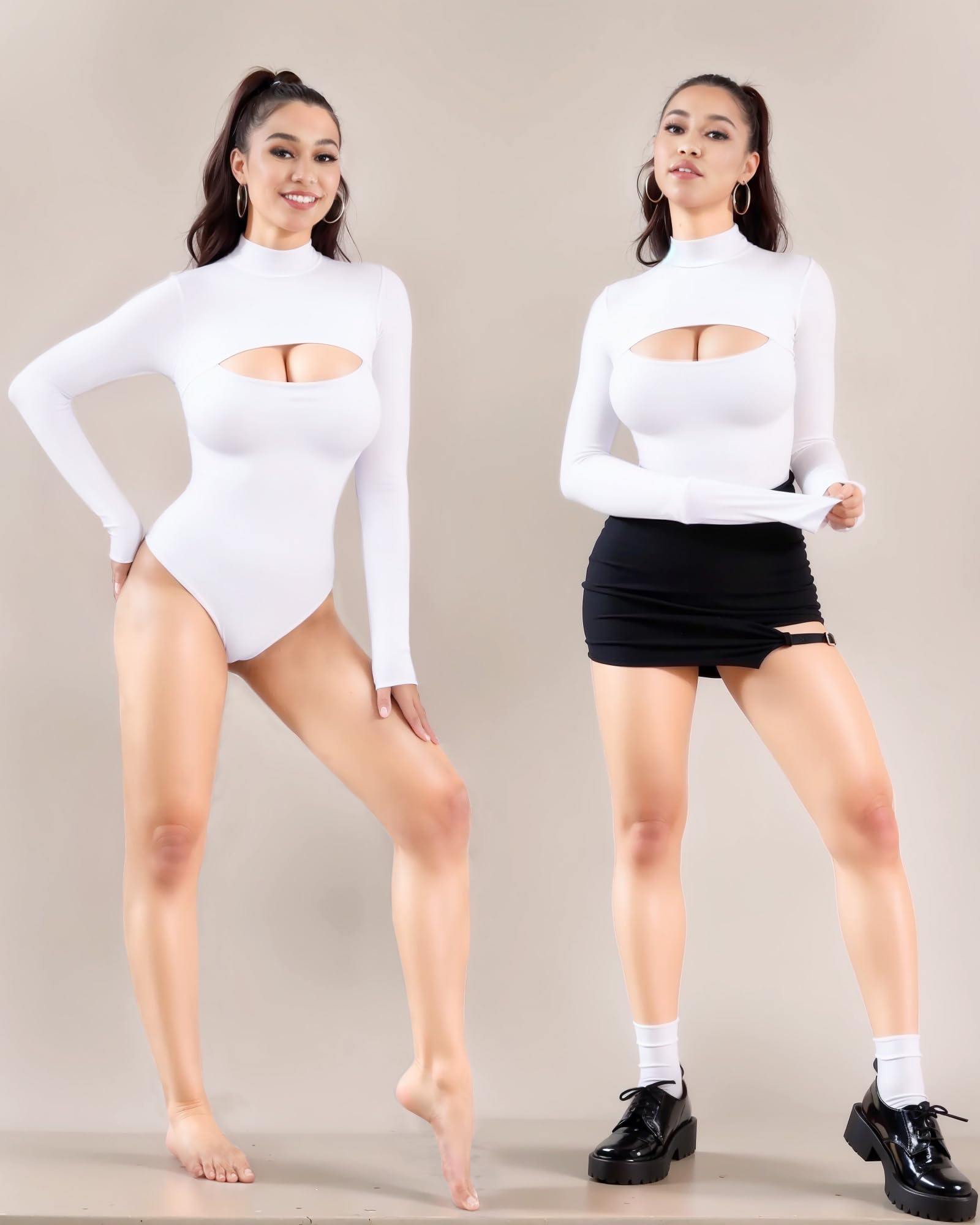 MANGOPOP Mock Neck Cutout Front Top Long Sleeve Bodysuits for Women