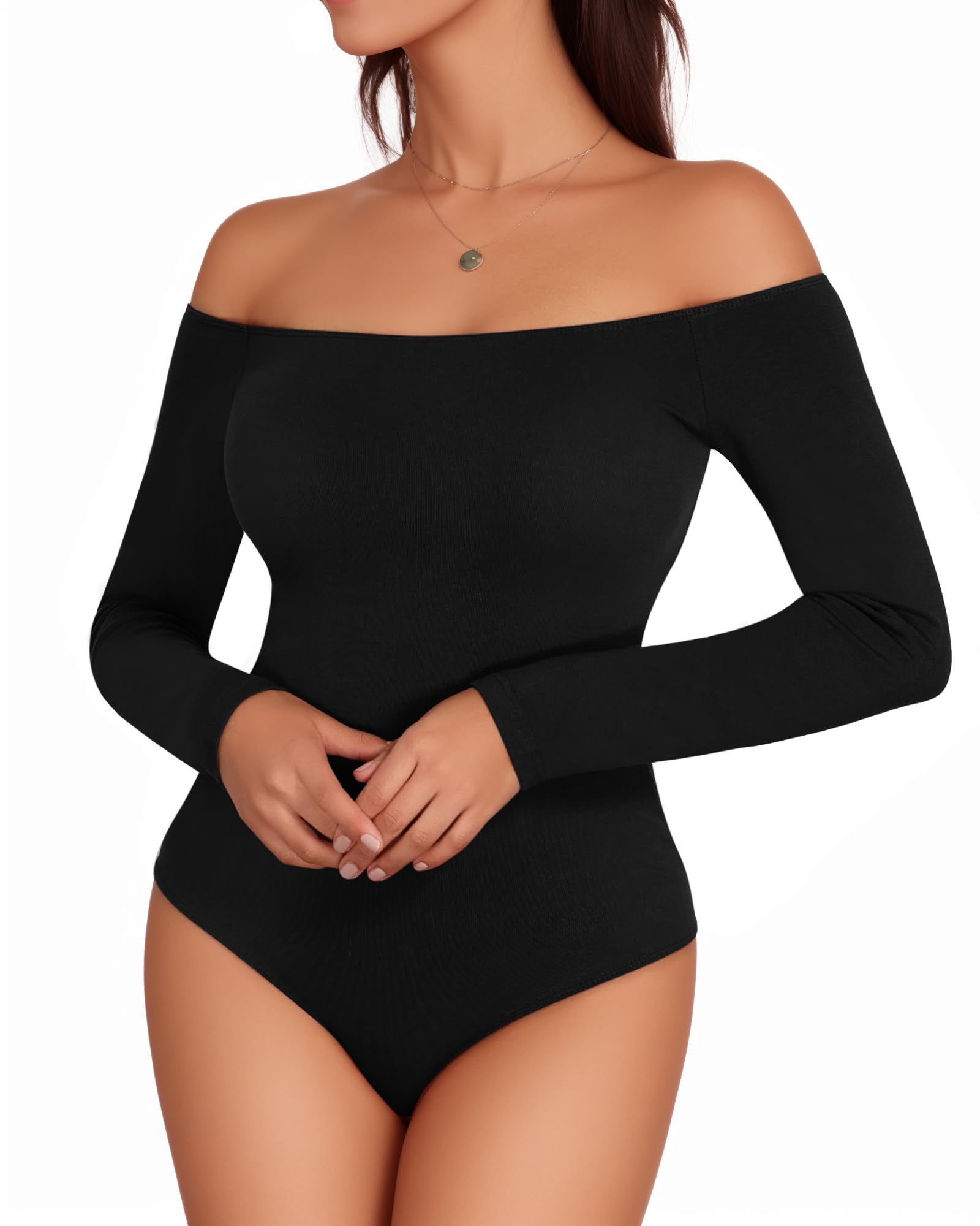 MANGOPOP Off The Shoulder Long Sleeve Short Sleeve Bodysuit for Women