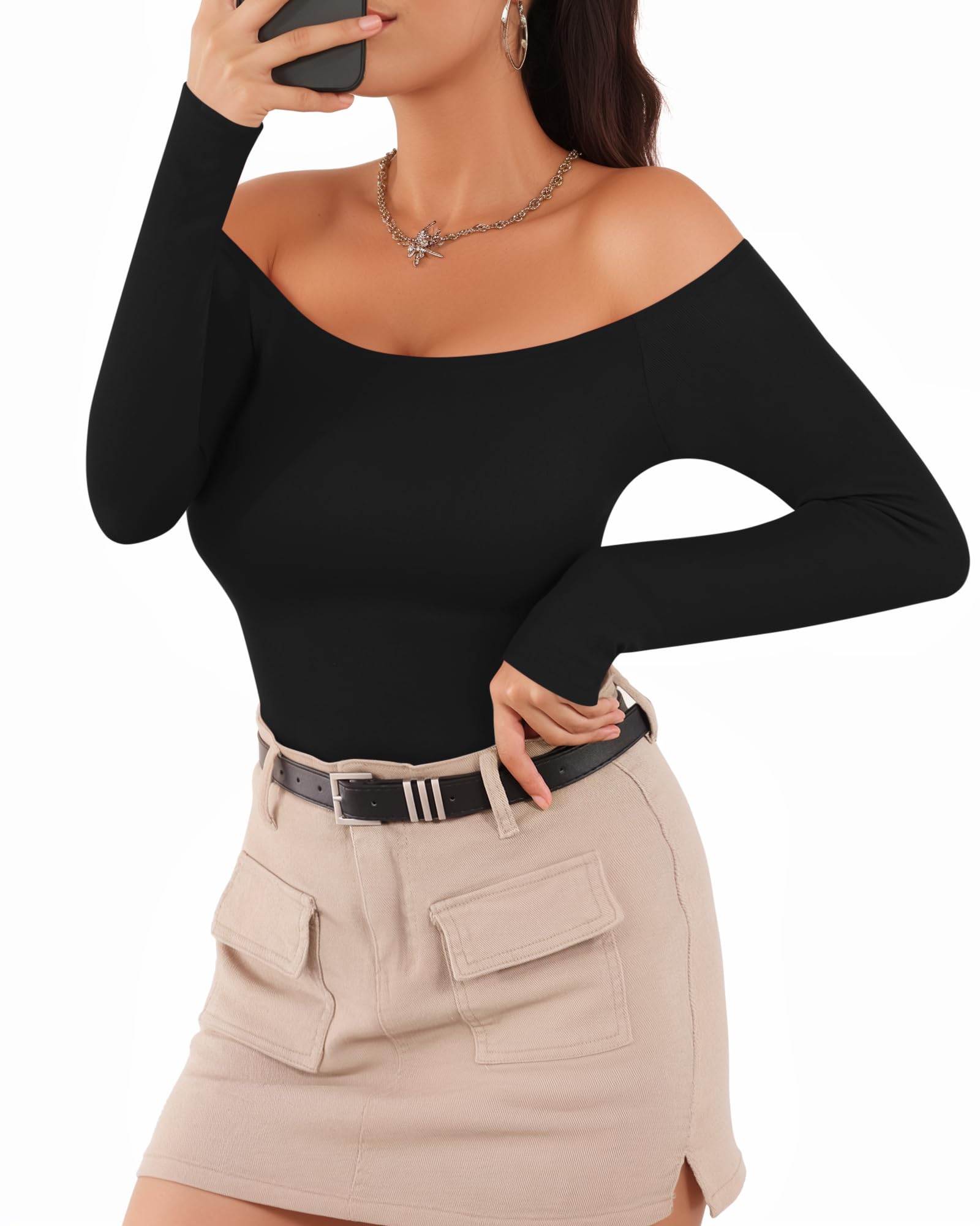 MANGOPOP Off The Shoulder Long Sleeve Short Sleeve Bodysuit for Women