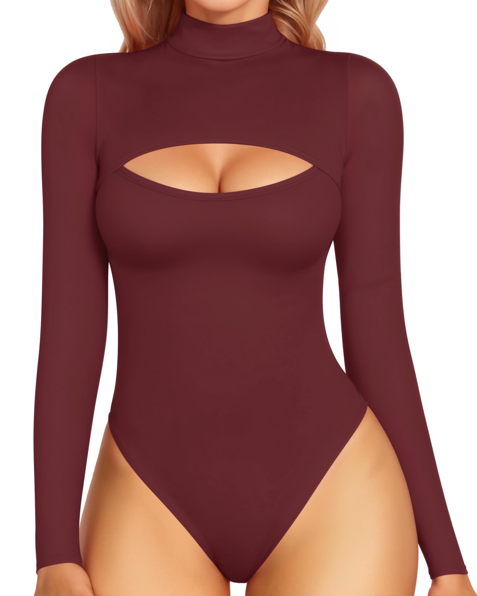 MANGOPOP Mock Neck Cutout Front Top Long Sleeve Bodysuits for Women