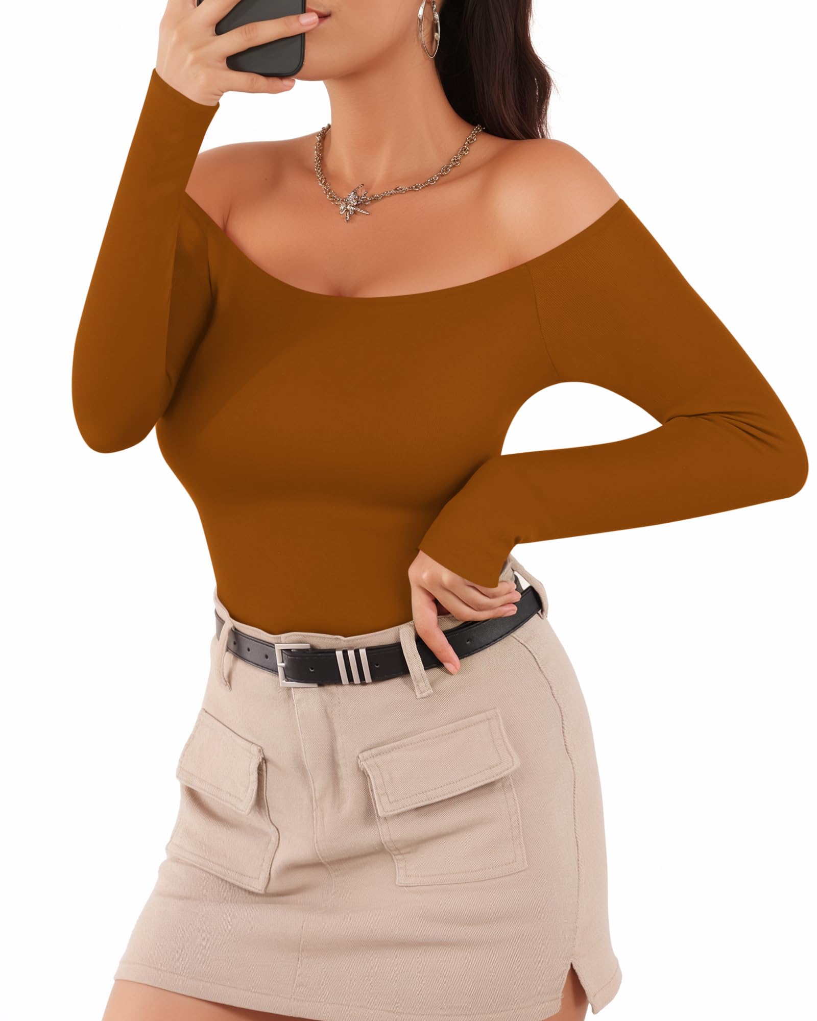 MANGOPOP Off The Shoulder Long Sleeve Short Sleeve Bodysuit for Women