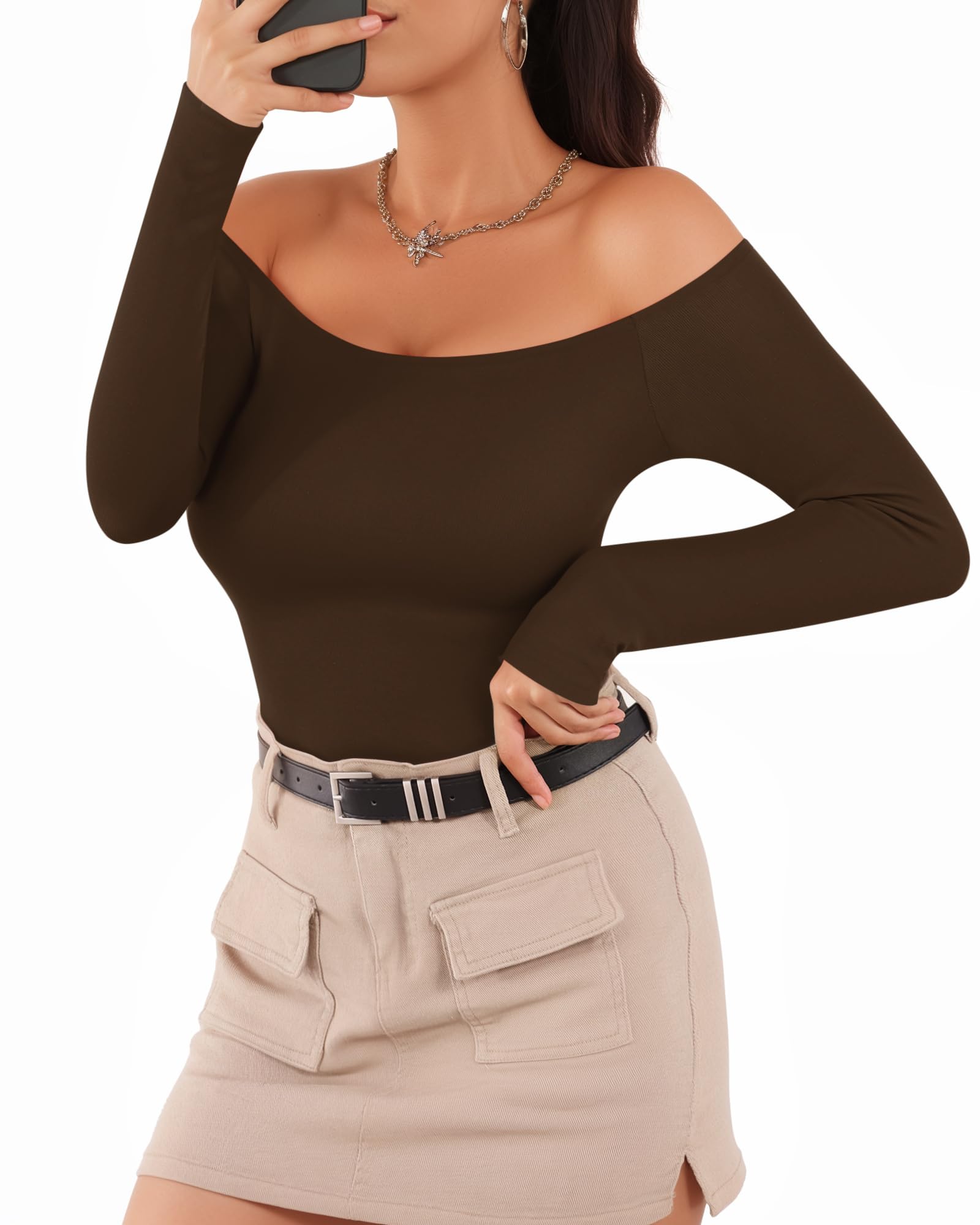 MANGOPOP Off The Shoulder Long Sleeve Short Sleeve Bodysuit for Women