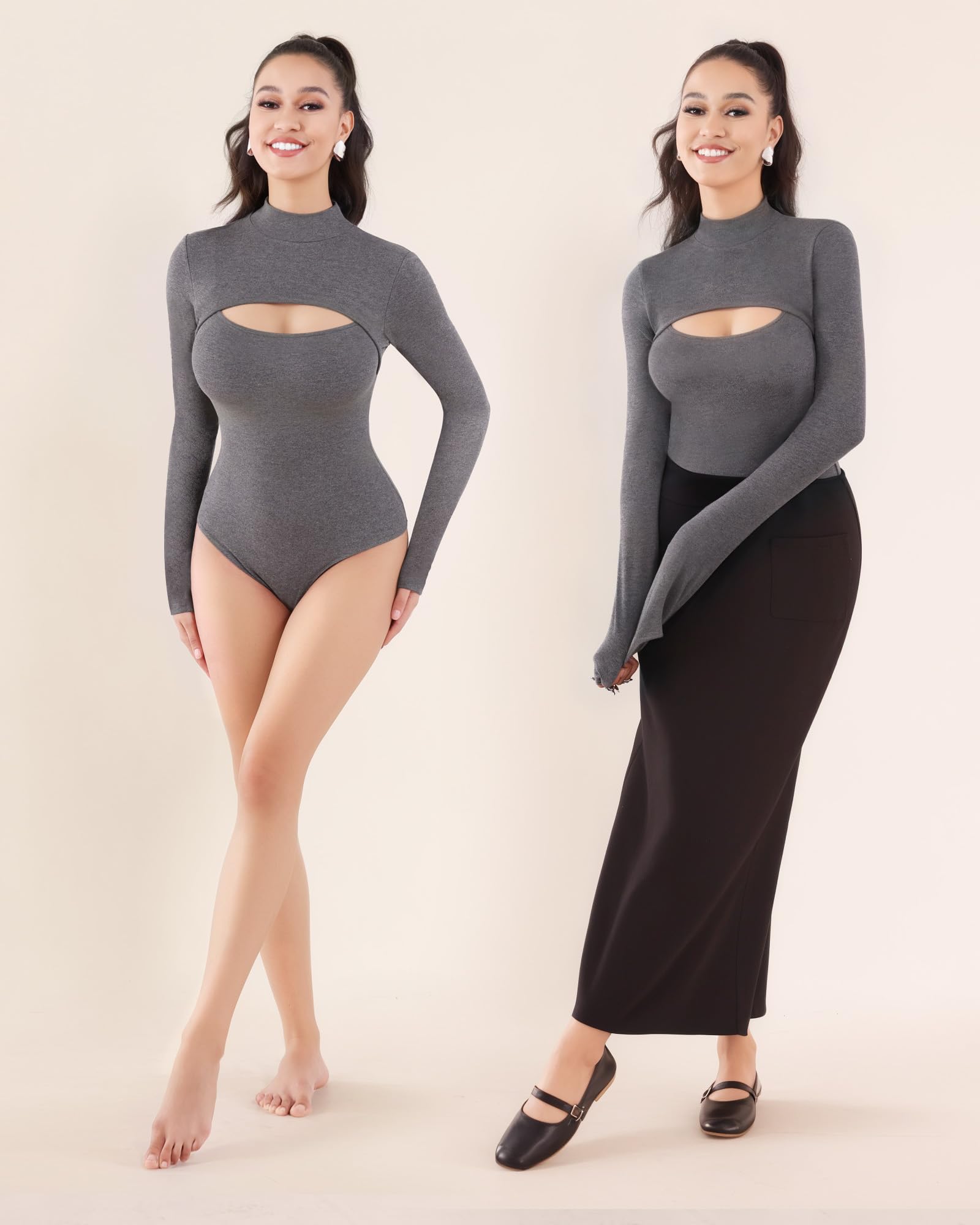 MANGOPOP Mock Neck Cutout Front Top Long Sleeve Bodysuits for Women