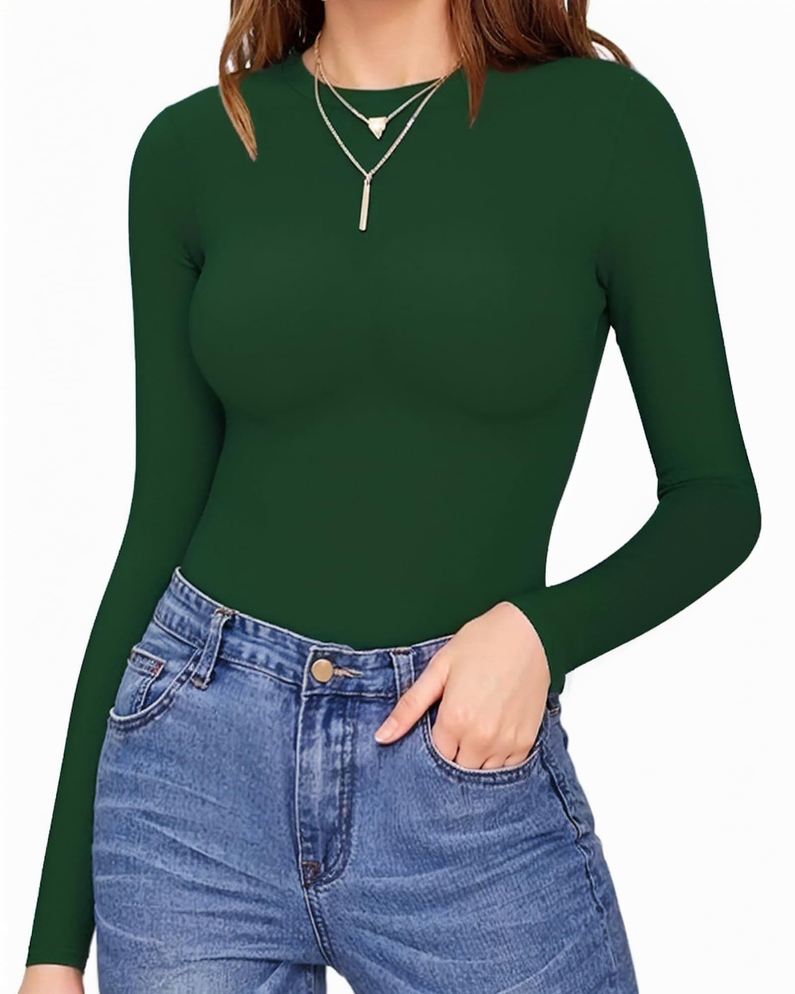 MANGOPOP Women's Crew Neck Long Sleeve Bodysuit T Shirts Basic Tops