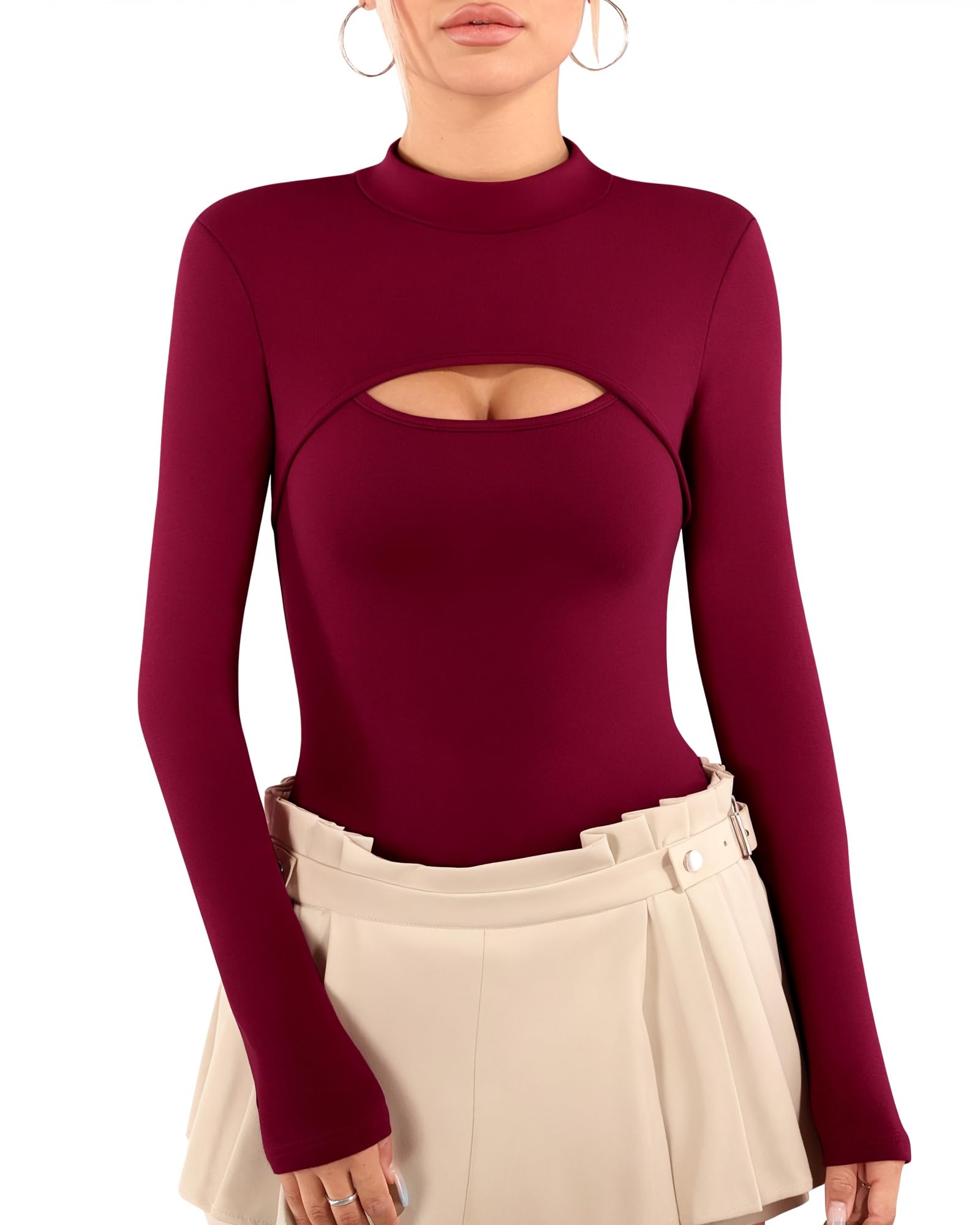 MANGOPOP Mock Neck Cutout Front Top Long Sleeve Bodysuits for Women