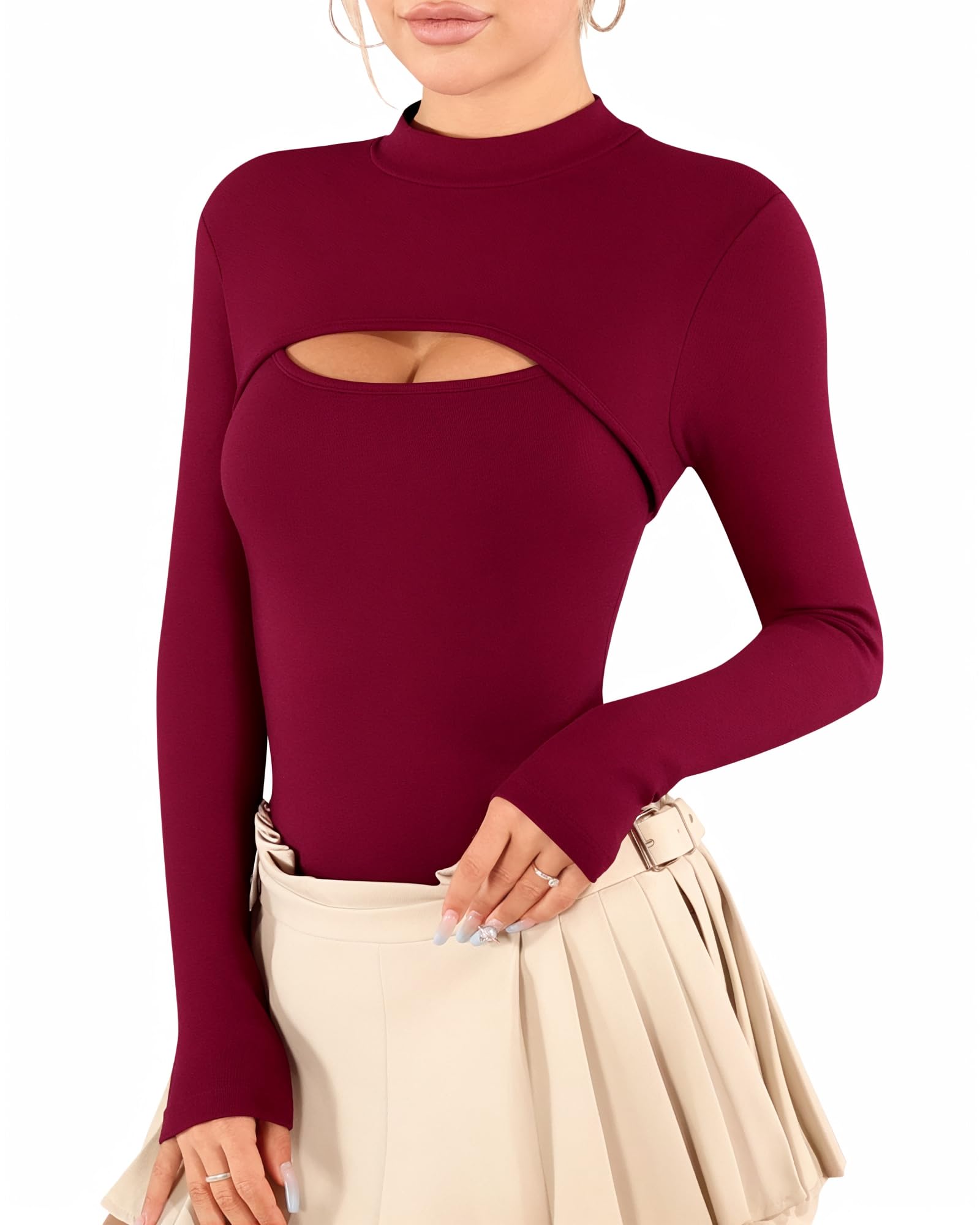 MANGOPOP Mock Neck Cutout Front Top Long Sleeve Bodysuits for Women