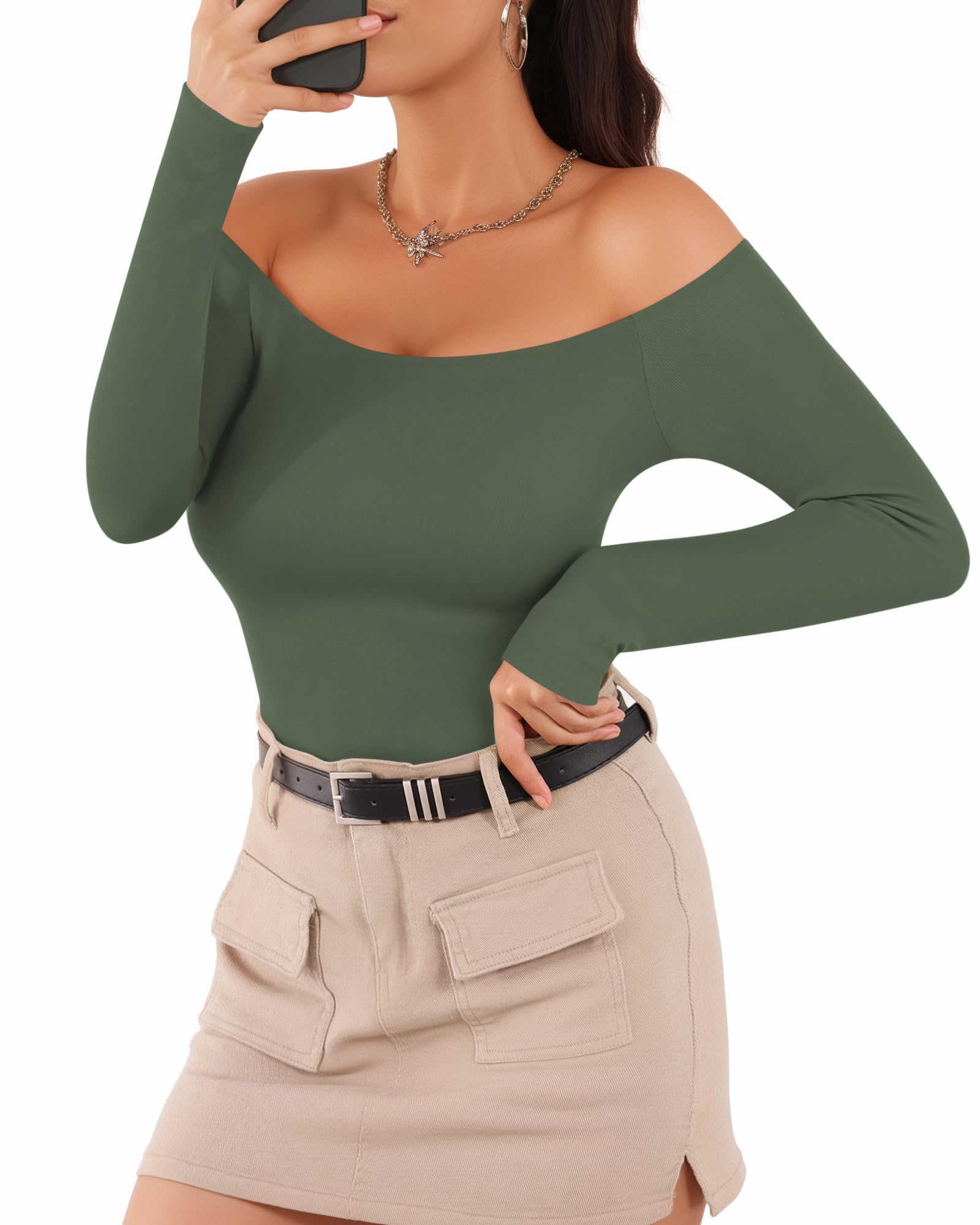 MANGOPOP Off The Shoulder Long Sleeve Short Sleeve Bodysuit for Women