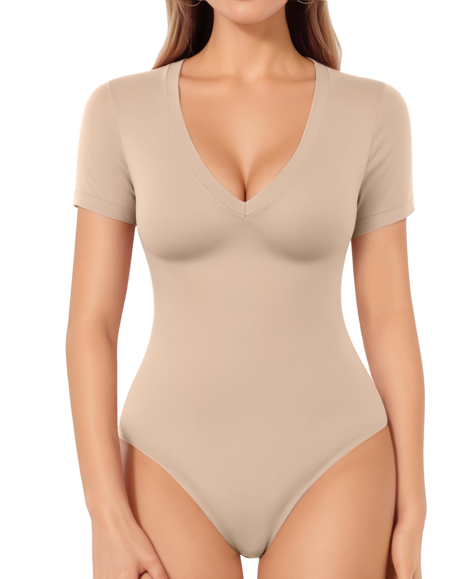 MANGOPOP Deep V Neck Bodysuits for Women Short Sleeve Body Suits Sexy Going Out Tops