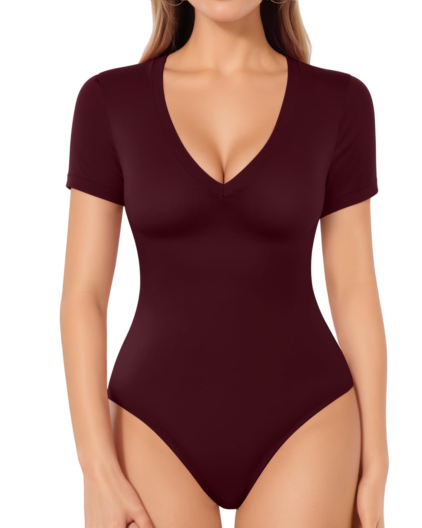 MANGOPOP Deep V Neck Bodysuits for Women Short Sleeve Body Suits Sexy Going Out Tops