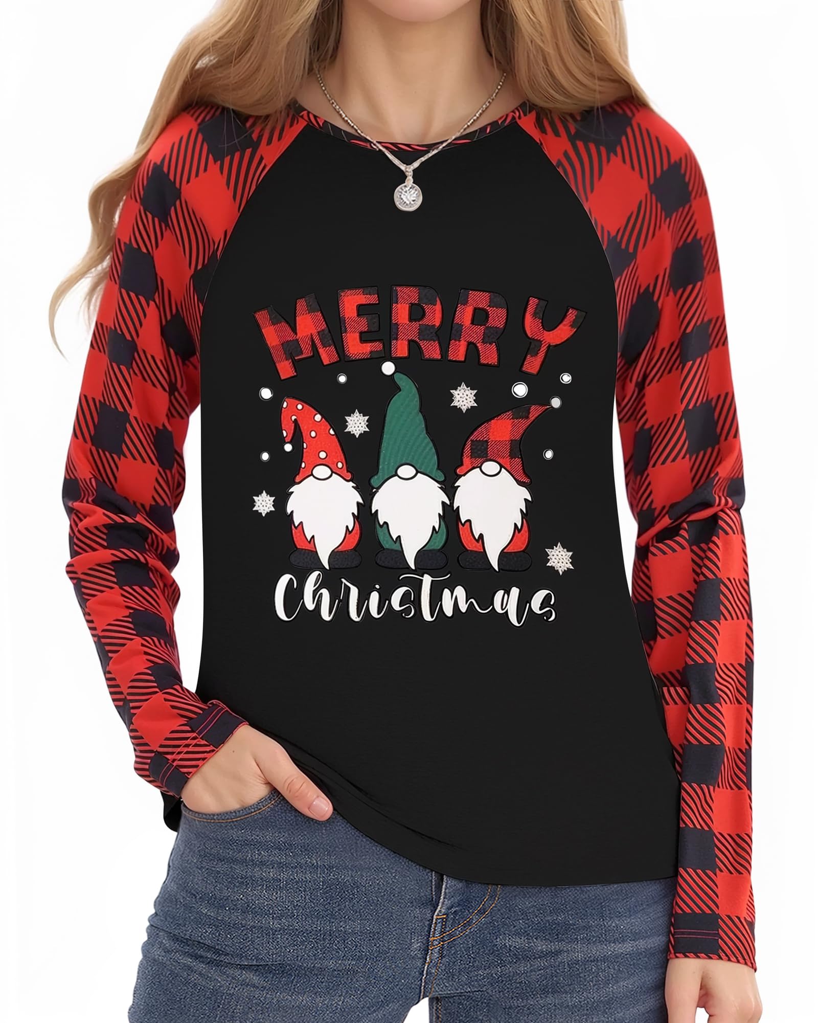 MANGOPOP Christmas Long Sleeve Shirts for Women Round Neck T Shirts Regular Fit Merry Xmas Tops Casual Basic Tee