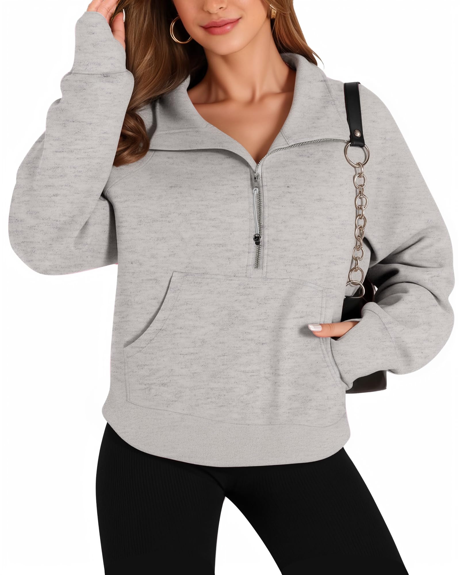 MANGOPOP Quarter Zip Pullover Women Sweatshirts Hoodies with Thumb Holes 2 Kangaroo Pockets Half Zip Cropped Clothes