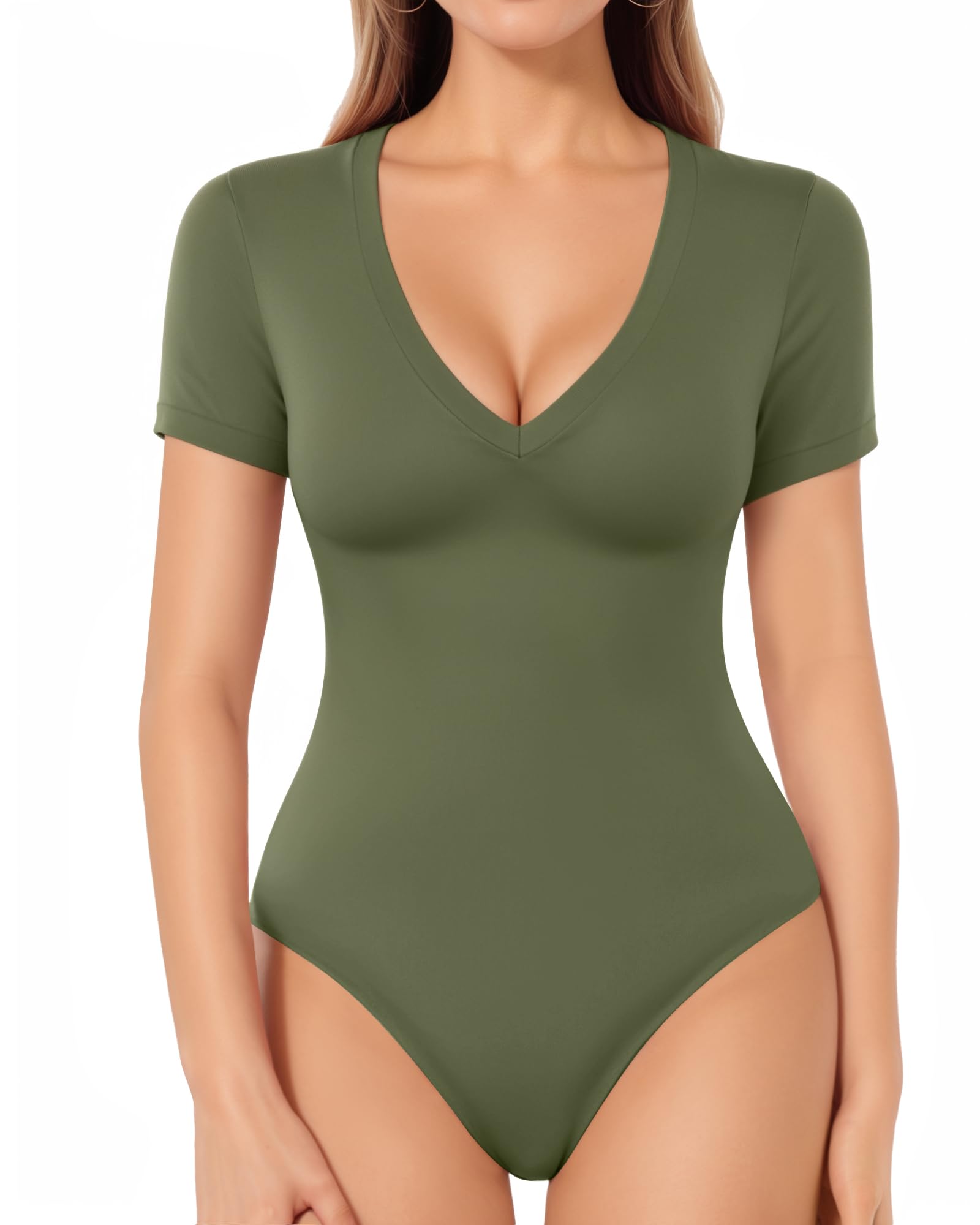 MANGOPOP Deep V Neck Bodysuits for Women Short Sleeve Body Suits Sexy Going Out Tops