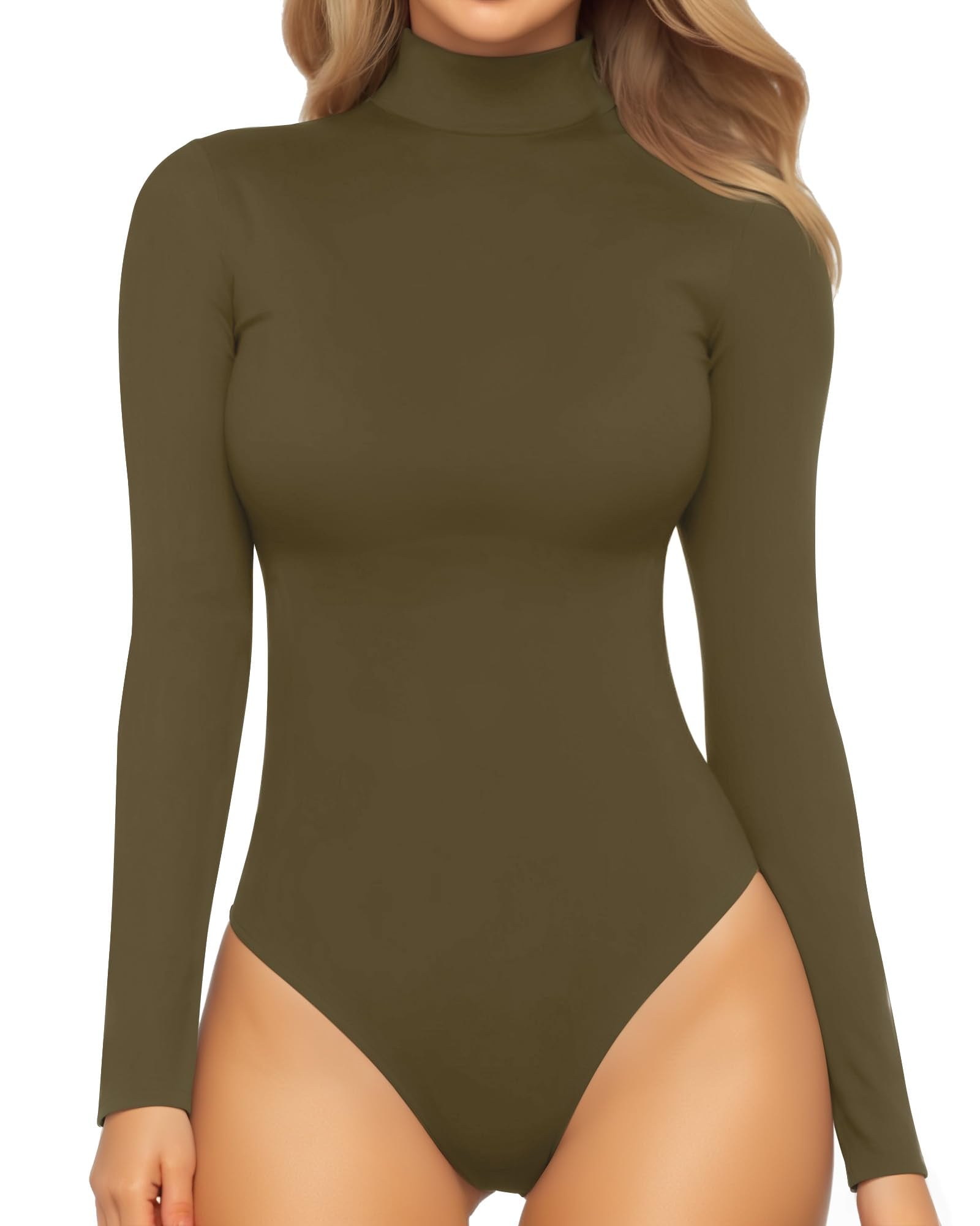 MANGOPOP Women's Mock Turtle Neck Long Sleeve Tops Bodysuit Jumpsuit