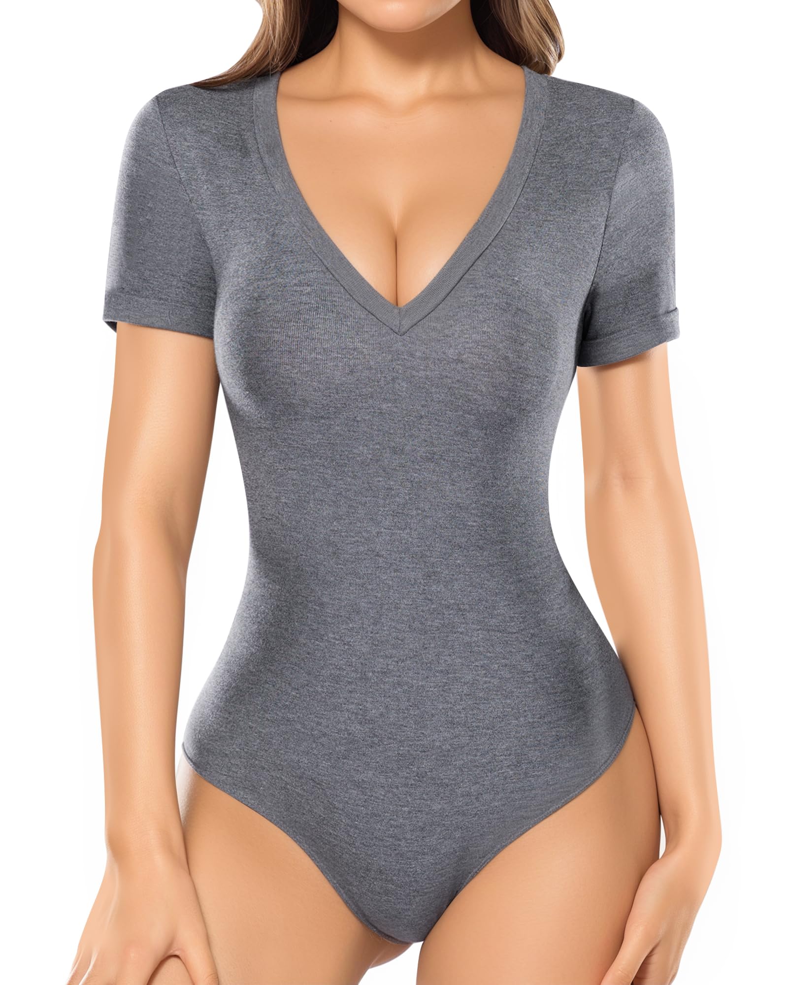 MANGOPOP Deep V Neck Bodysuits for Women Short Sleeve Body Suits Sexy Going Out Tops