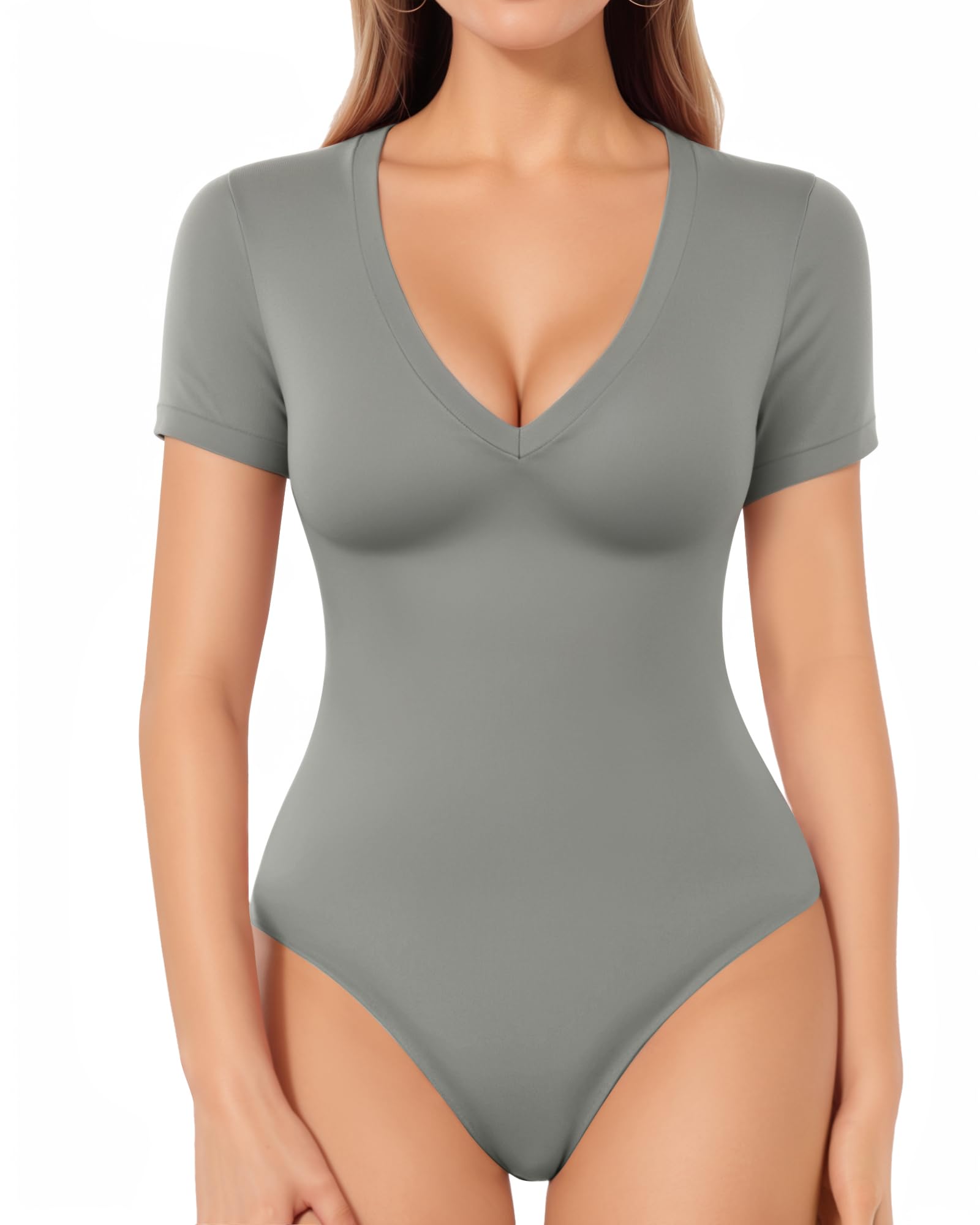 MANGOPOP Deep V Neck Bodysuits for Women Short Sleeve Body Suits Sexy Going Out Tops