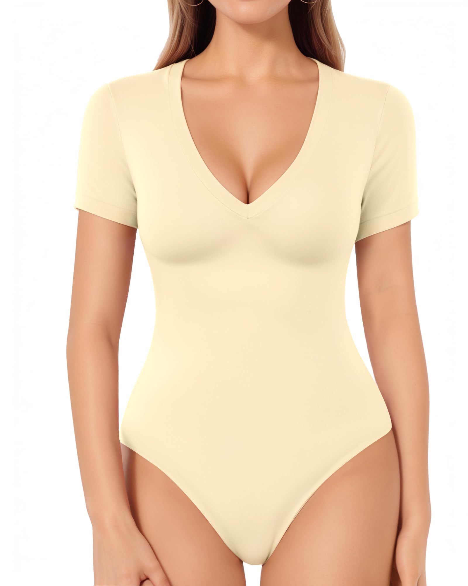 MANGOPOP Deep V Neck Bodysuits for Women Short Sleeve Body Suits Sexy Going Out Tops