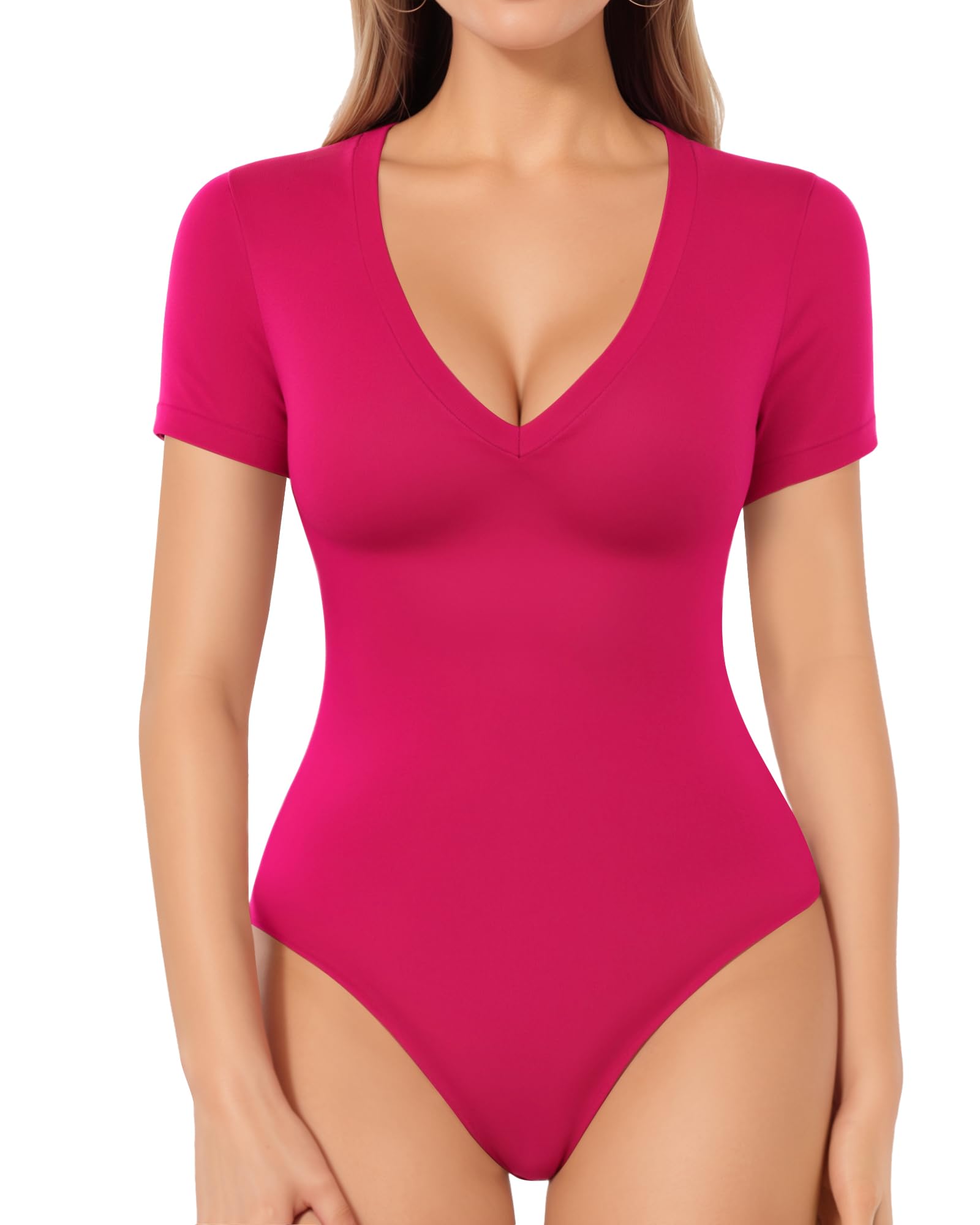 MANGOPOP Deep V Neck Bodysuits for Women Short Sleeve Body Suits Sexy Going Out Tops