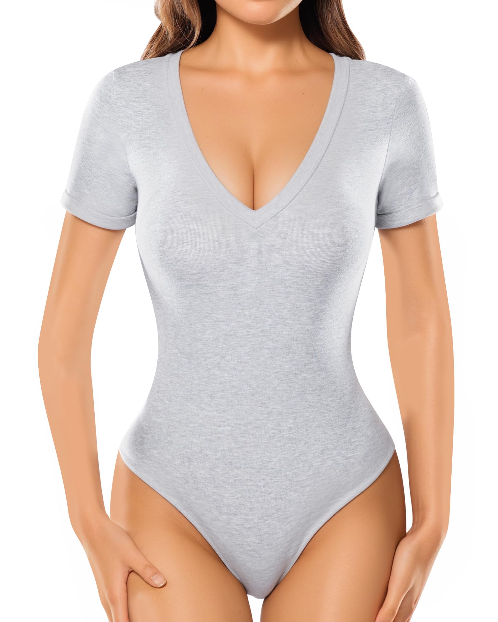 MANGOPOP Deep V Neck Bodysuits for Women Short Sleeve Body Suits Sexy Going Out Tops