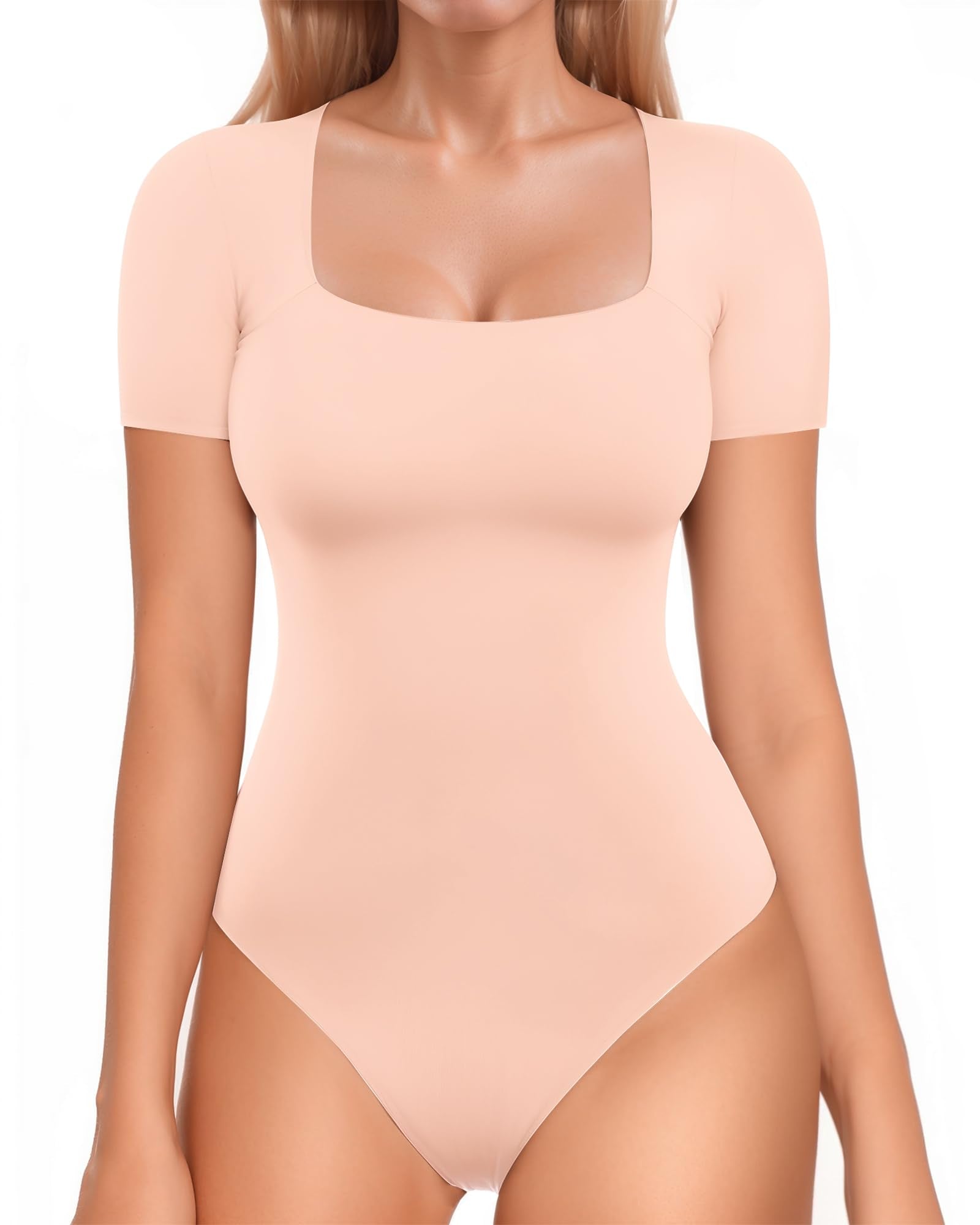 MANGOPOP Double Lined Short Sleeve Bodysuit for Women Square Neck Thong Bodysuits Second Skin Collection