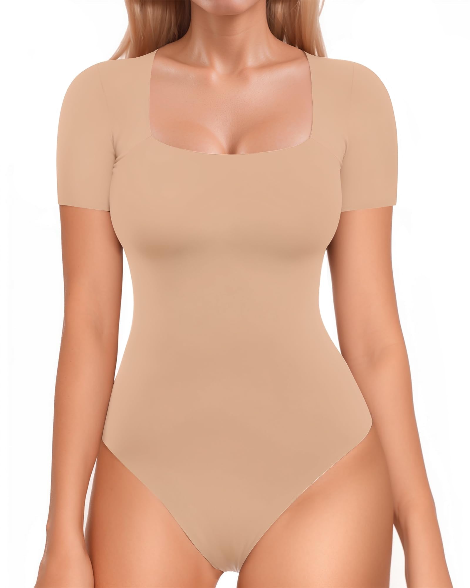 MANGOPOP Double Lined Short Sleeve Bodysuit for Women Square Neck Thong Bodysuits Second Skin Collection