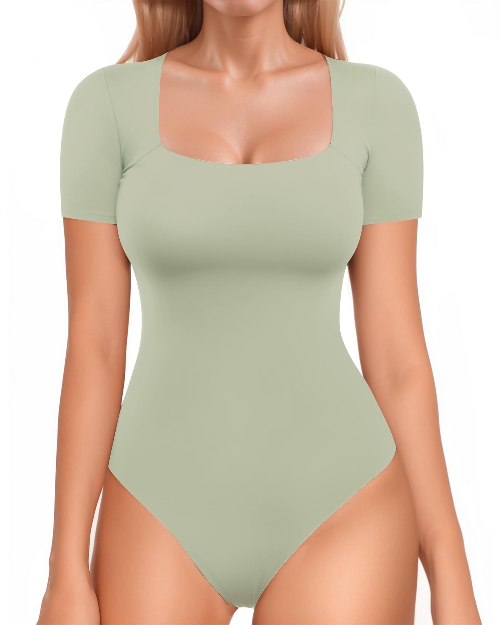 MANGOPOP Double Lined Short Sleeve Bodysuit for Women Square Neck Thong Bodysuits Second Skin Collection