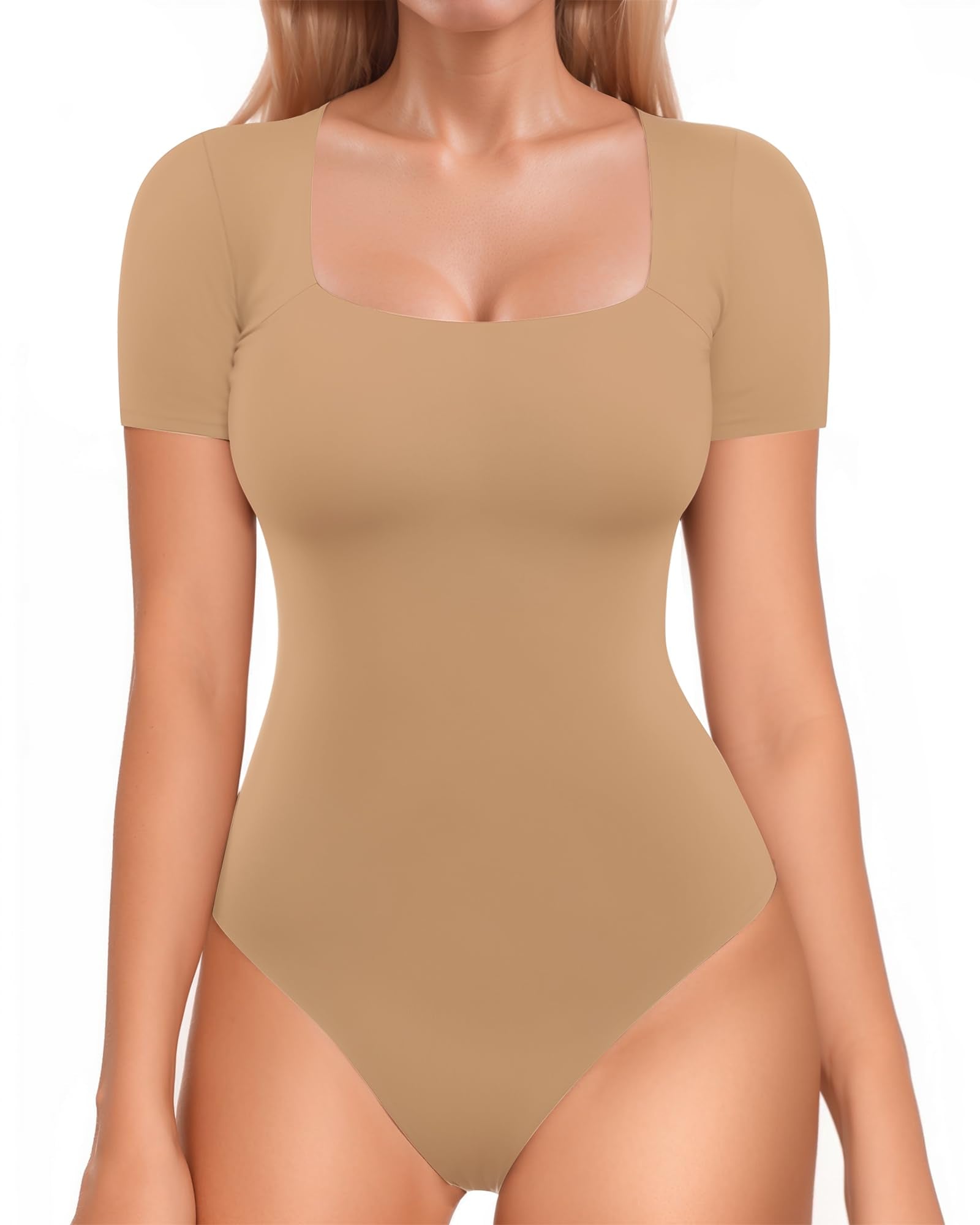 MANGOPOP Double Lined Short Sleeve Bodysuit for Women Square Neck Thong Bodysuits Second Skin Collection