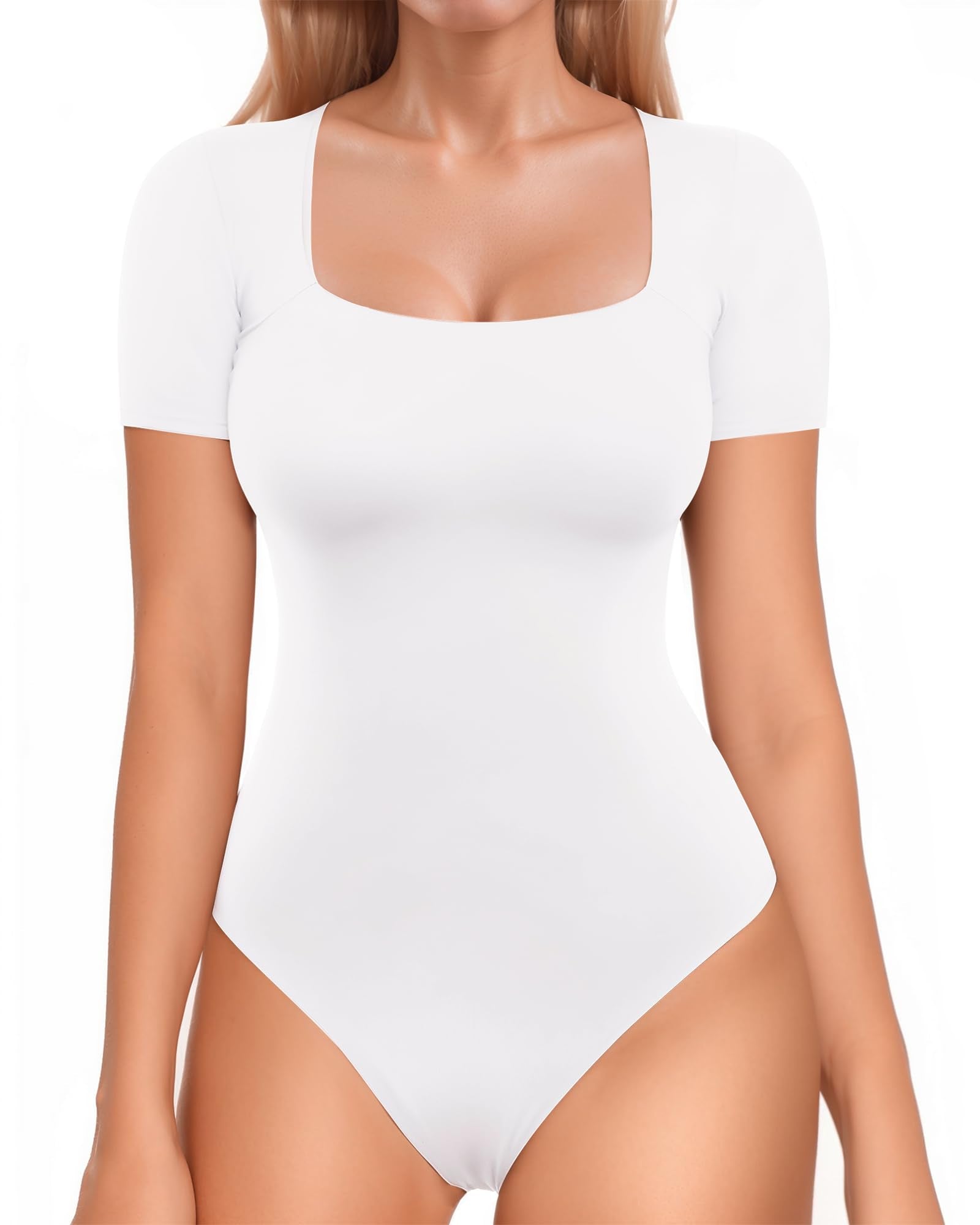 MANGOPOP Double Lined Short Sleeve Bodysuit for Women Square Neck Thong Bodysuits Second Skin Collection